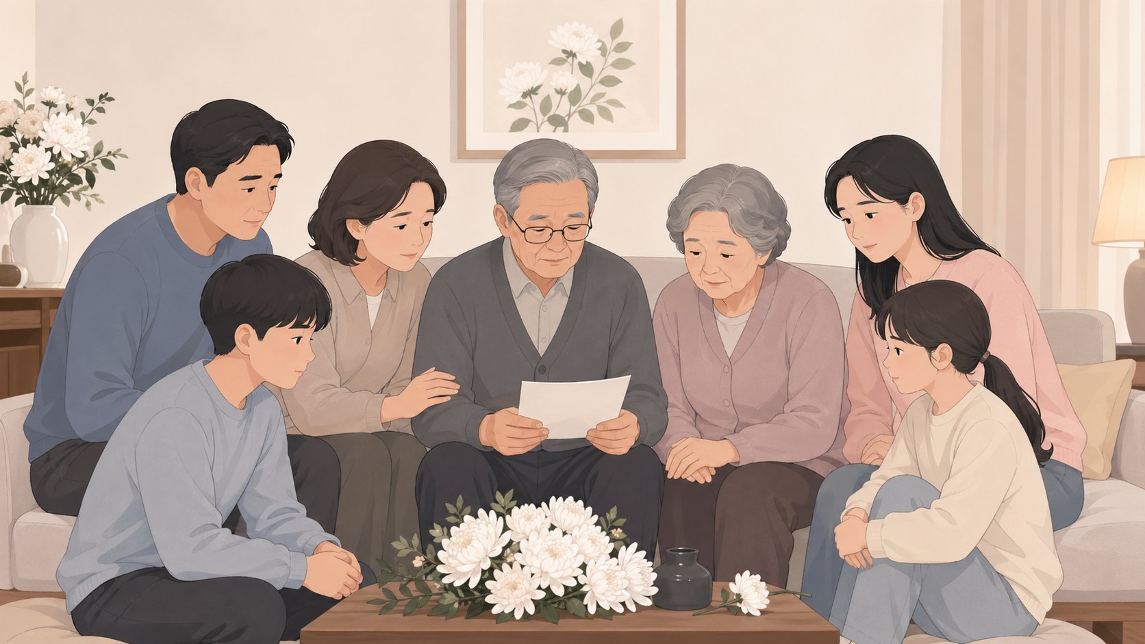가족이 함께 부고장을 읽는 장면