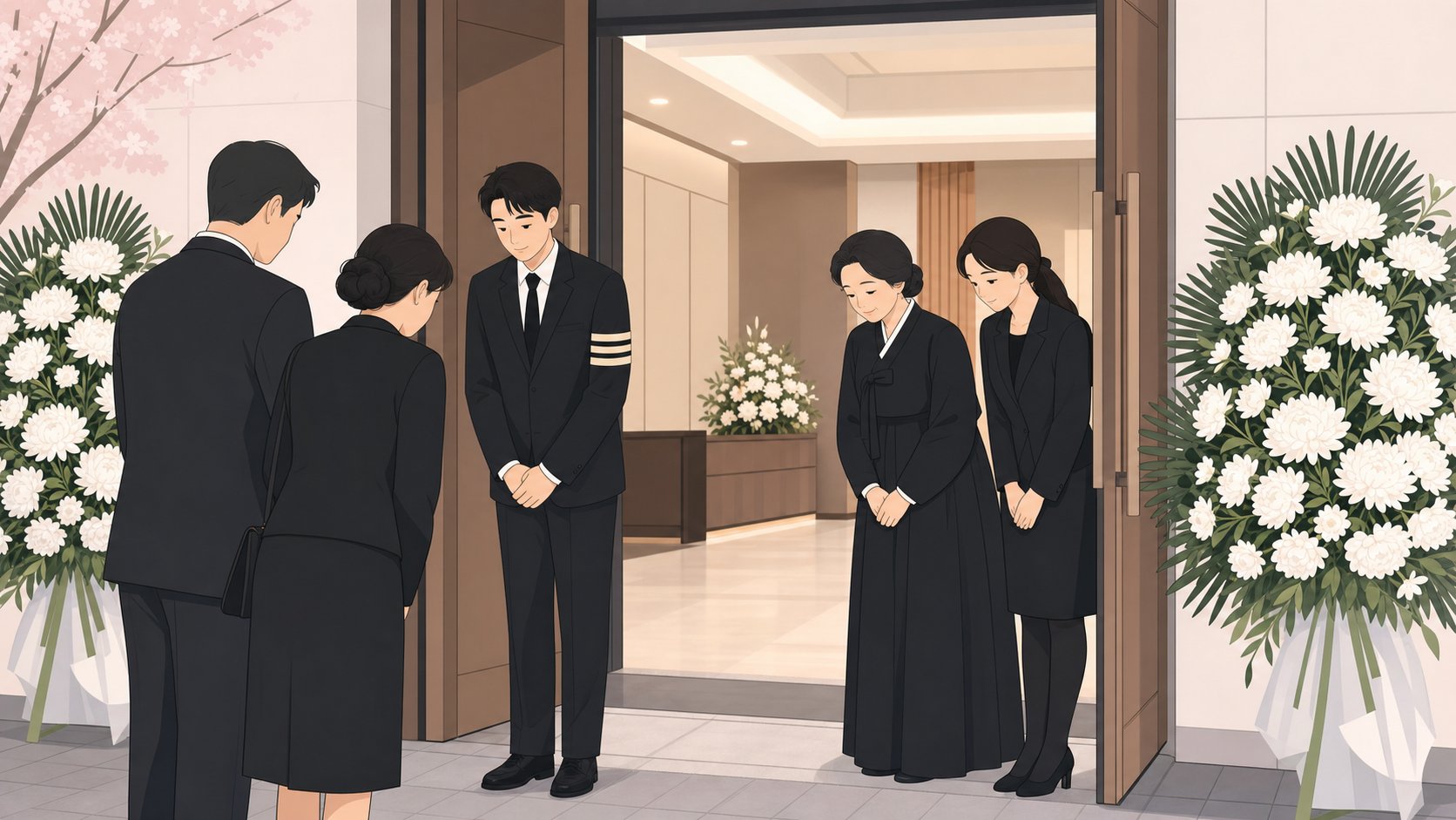 장례식장 입구에서 조문객을 맞이하는 유족