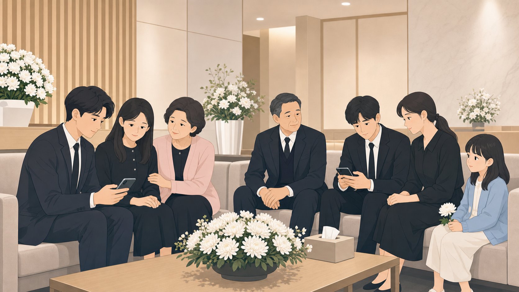 장례식장 대기실에서 부고 연락을 정리하는 가족