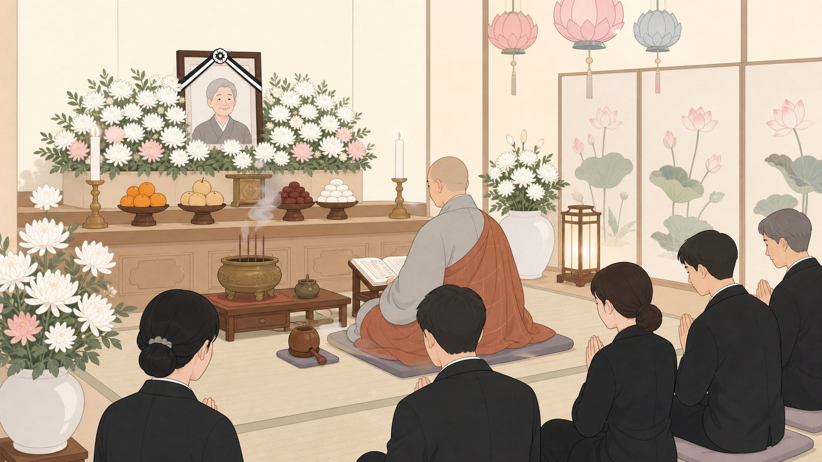 불교식 빈소에서 스님이 독경하는 장면