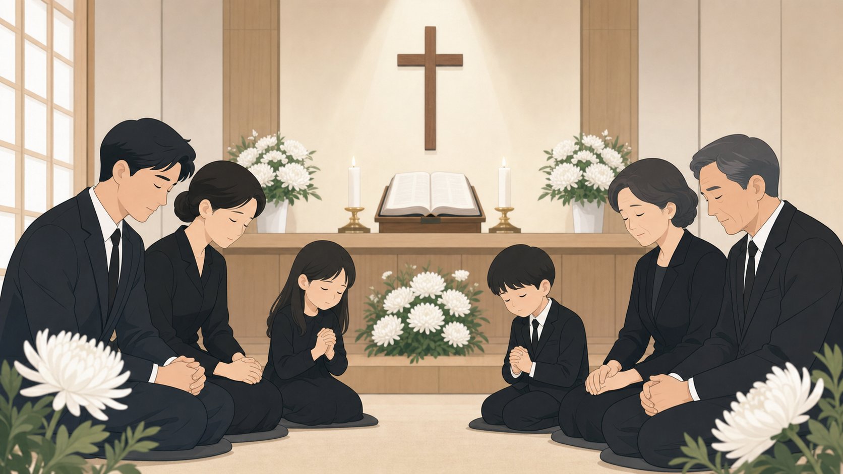 기독교식 빈소에서 가족들이 예배드리는 장면