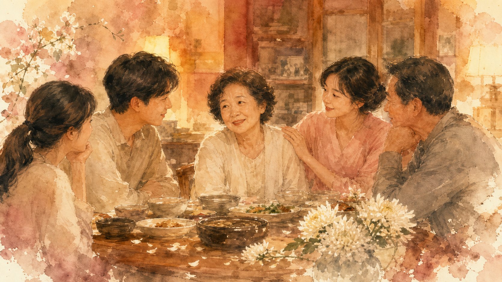 가족이 사전 장례 의향서에 대해 이야기를 나누는 장면