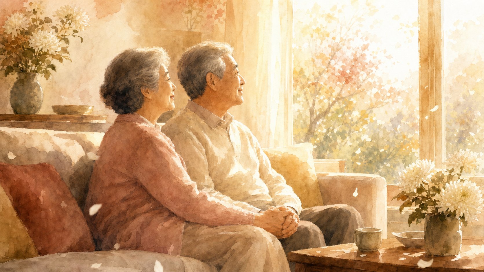노부부가 손을 잡고 창밖을 바라보는 평화로운 장면