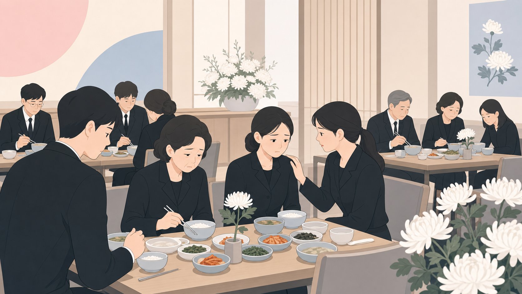 장례식장 식당에서 조문객들이 식사하는 모습