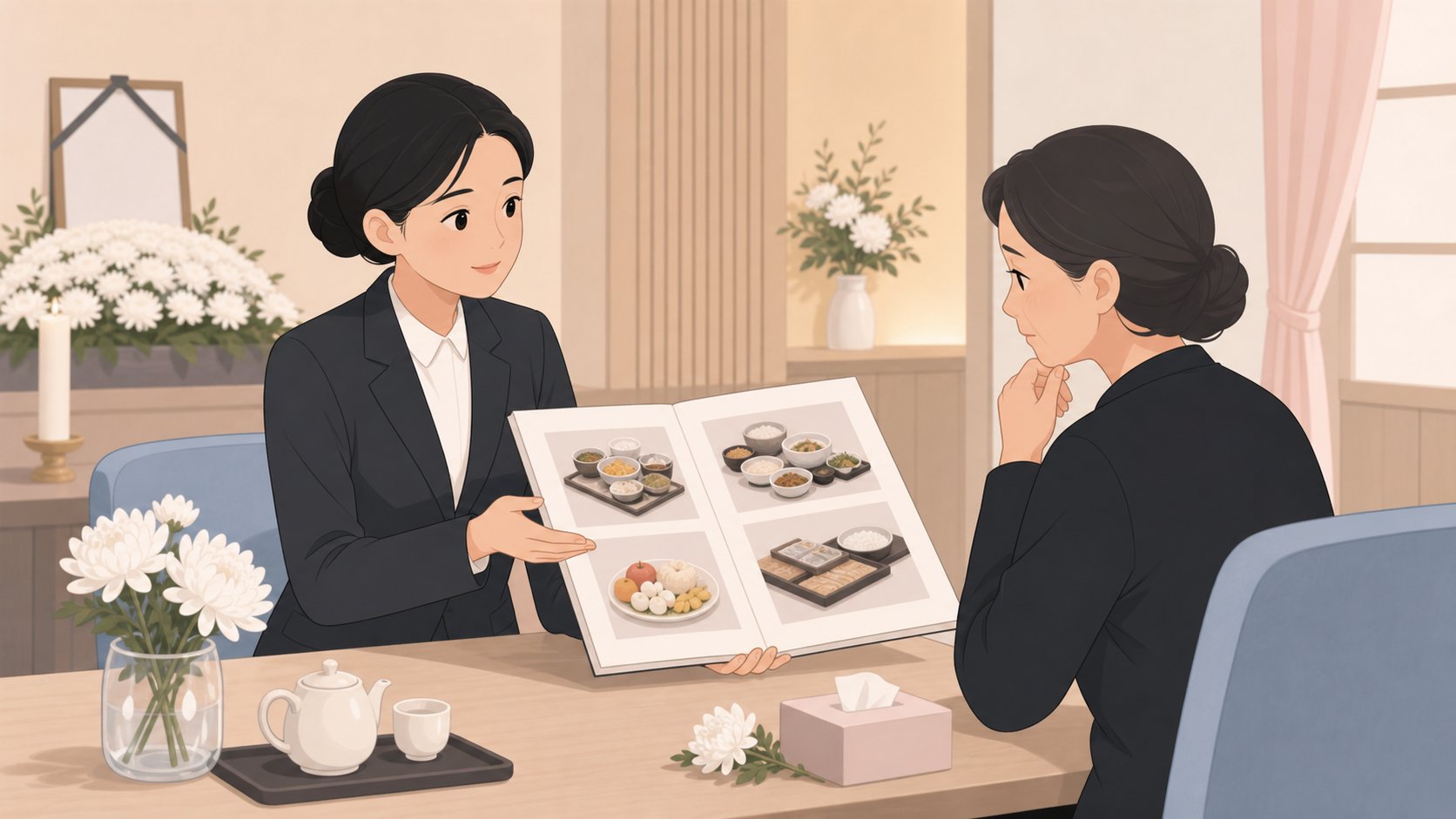 장례 음식 업체 직원이 유족에게 제수 음식 패키지를 안내하는 장면