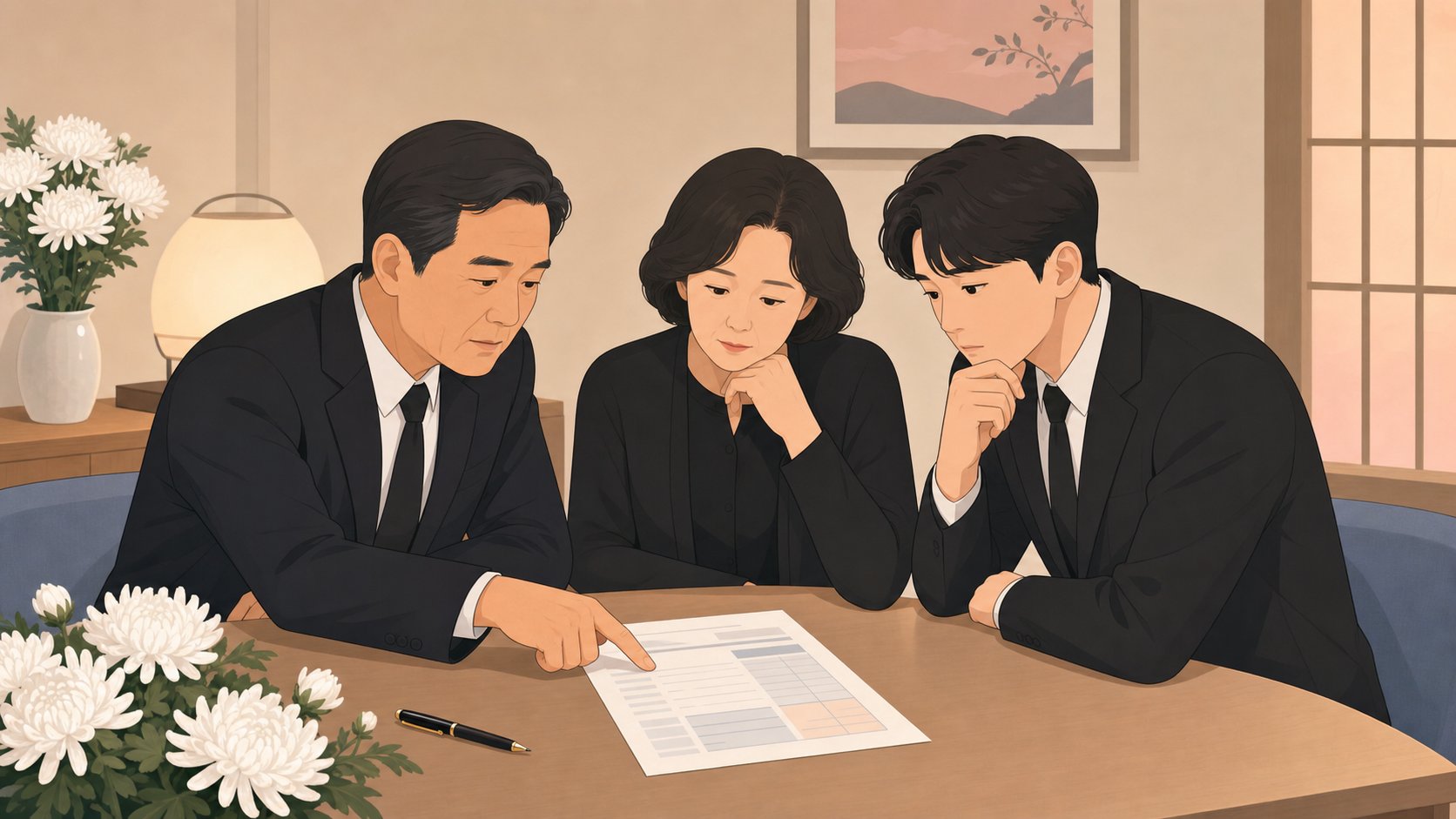 가족이 장례 비용 견적서를 함께 검토하는 장면