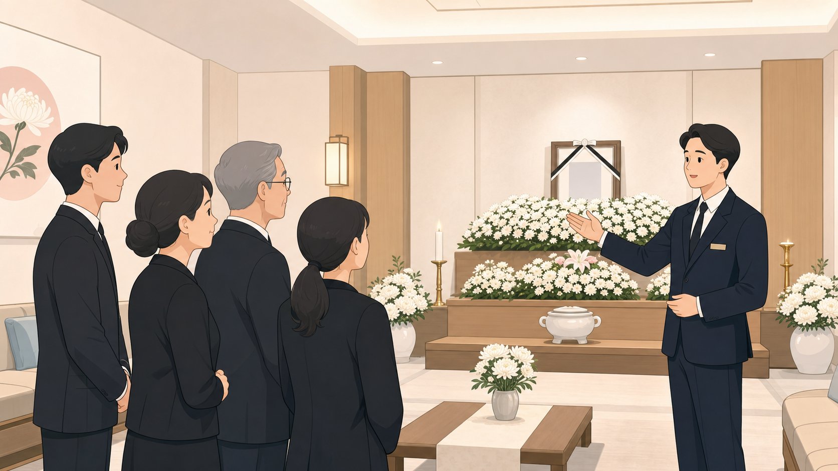 장례식장 빈소 내부에서 직원이 가족에게 공간을 안내하는 장면