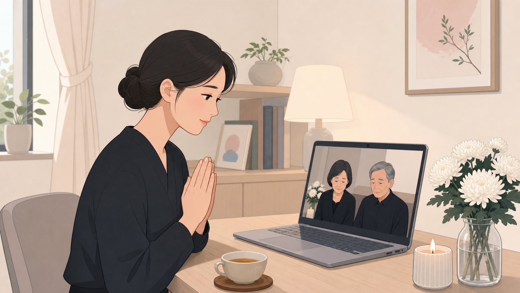 노트북으로 화상 조문을 하는 장면