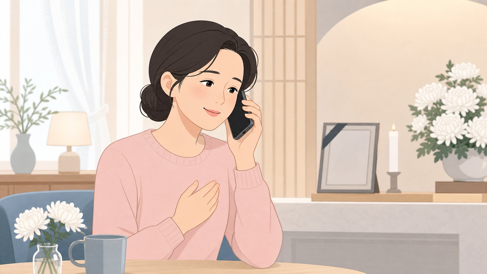 장례 후 유가족에게 위로 전화를 거는 장면