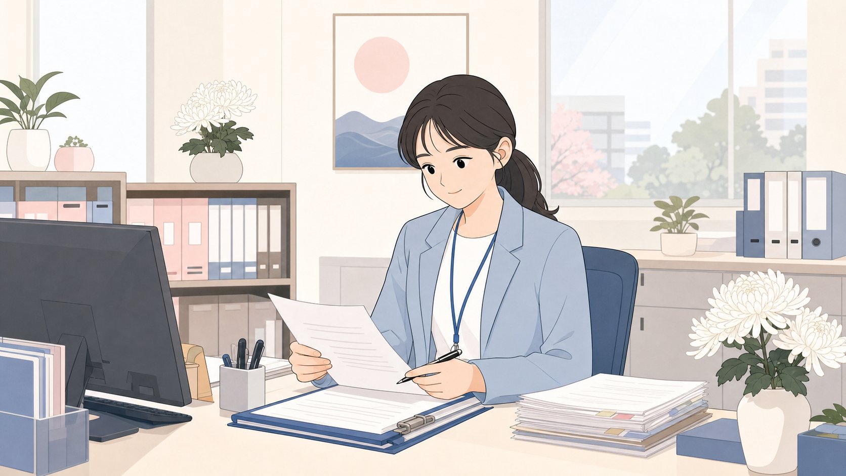 복지 담당자가 행정 서류를 처리하는 장면
