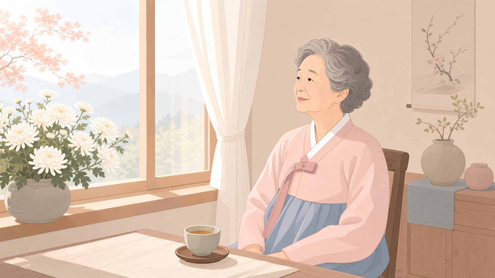 창가에 홀로 앉아 있는 어르신 장면