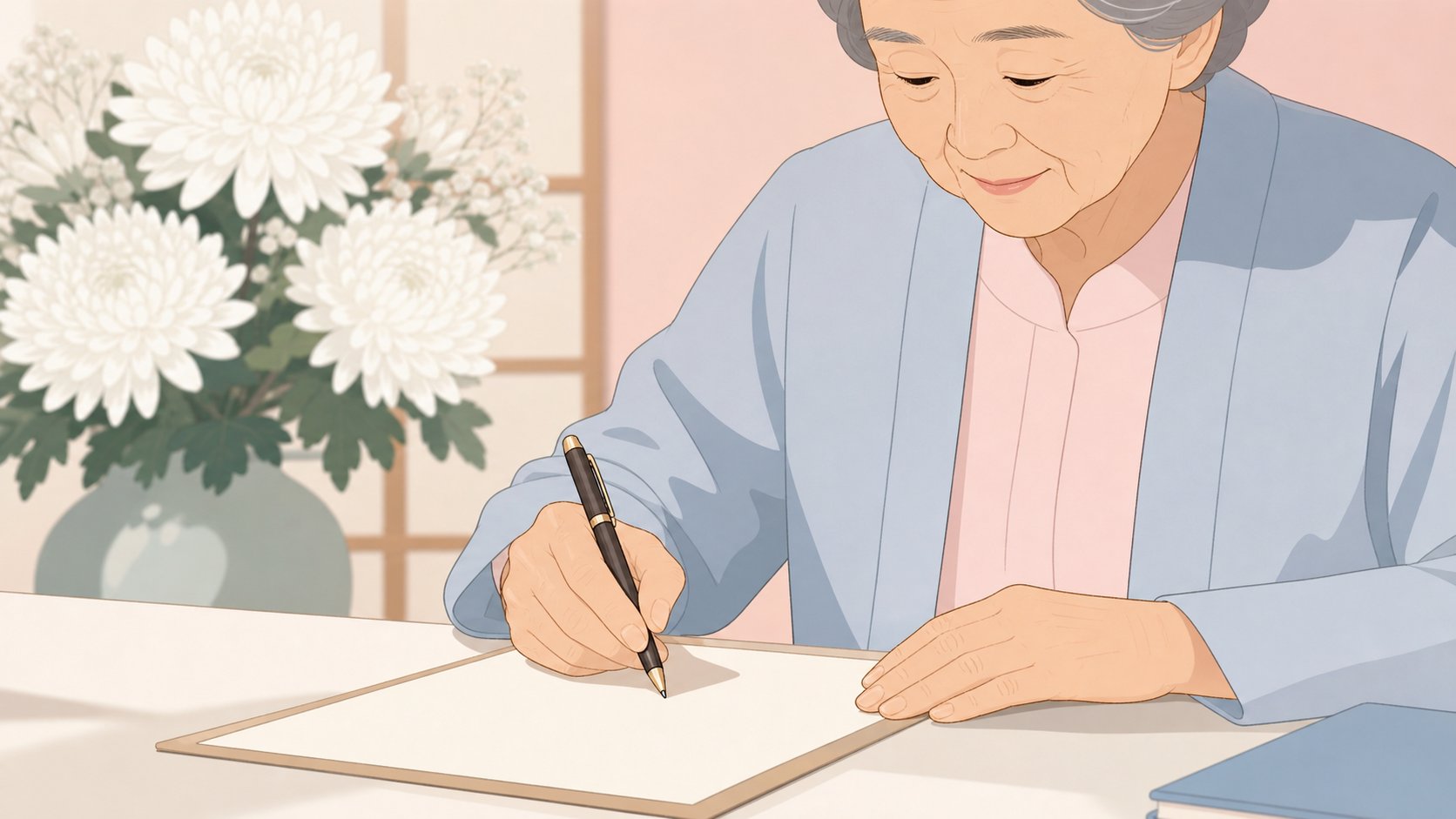 사전장례의향서를 작성하는 어르신의 손
