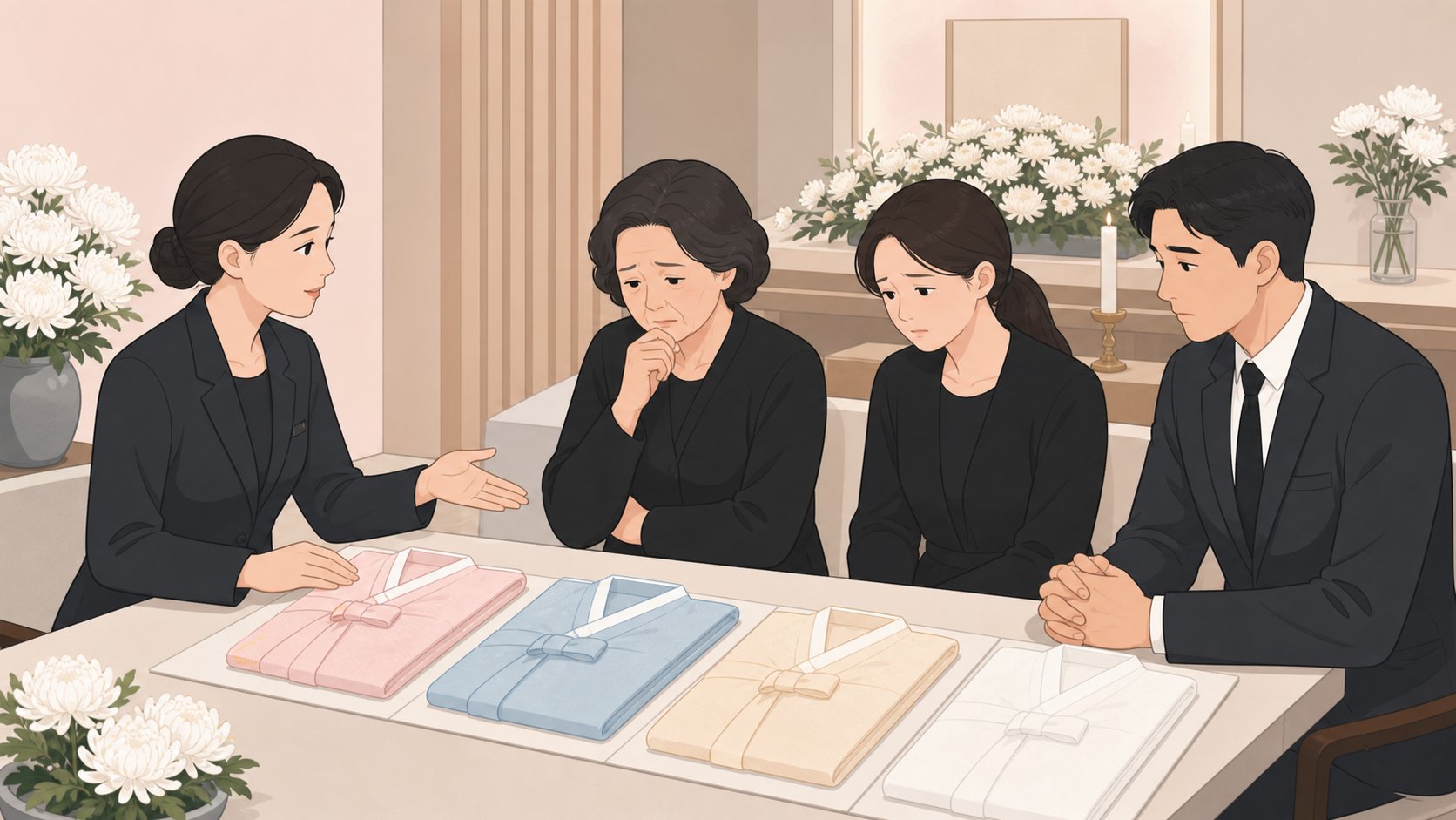 장례지도사가 가족에게 수의를 설명하는 상담 장면