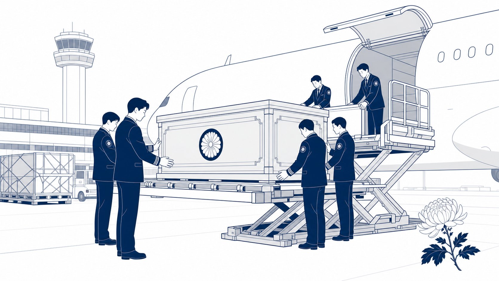 국제 공항 화물 터미널에서 운구 선적 장면