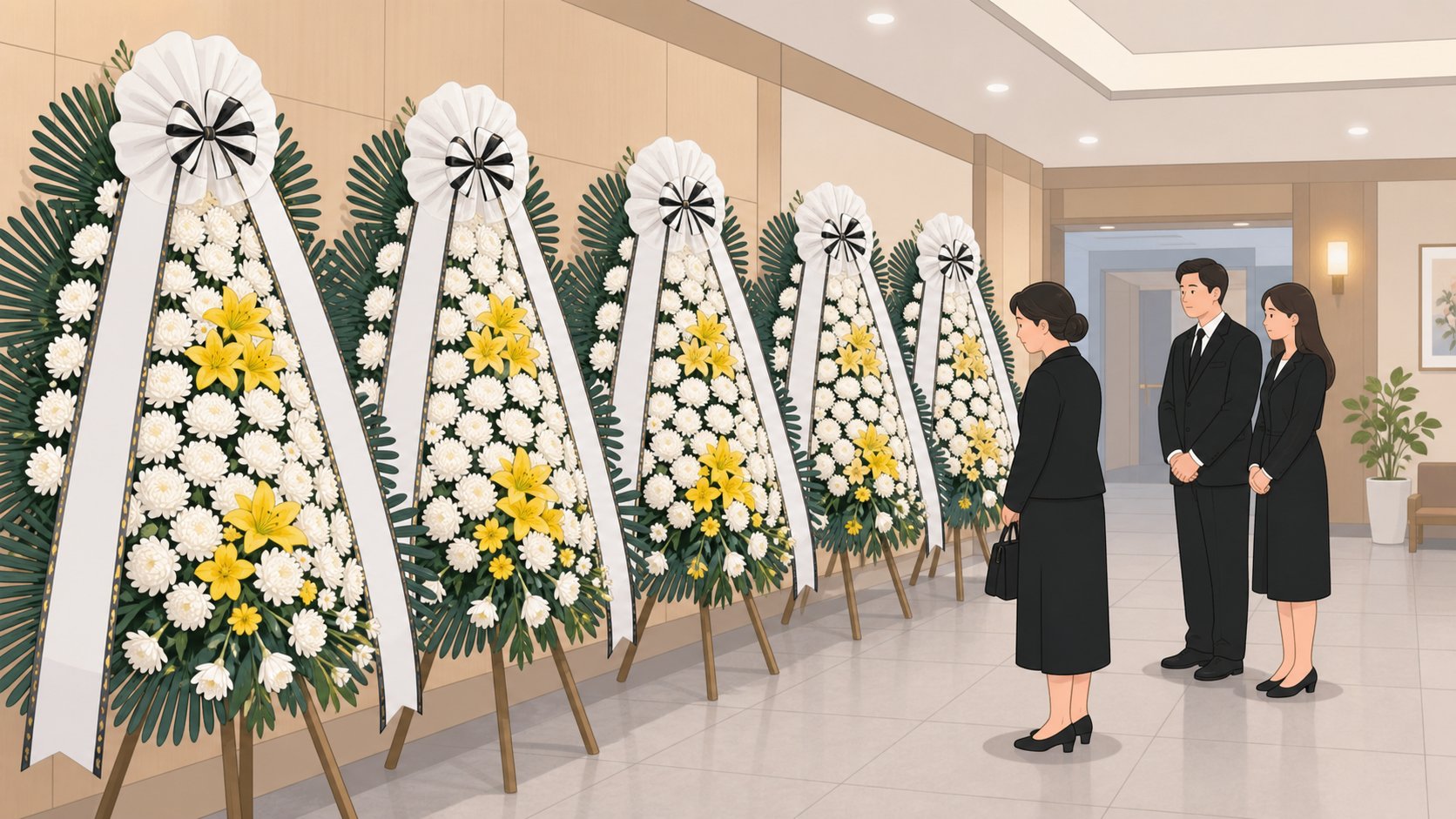 장례식장 복도에 줄지어 배치된 근조 화환
