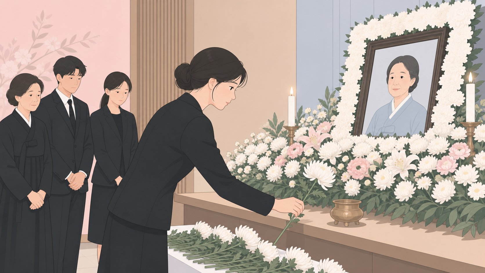조문객이 제단에 흰 국화를 헌화하는 장면