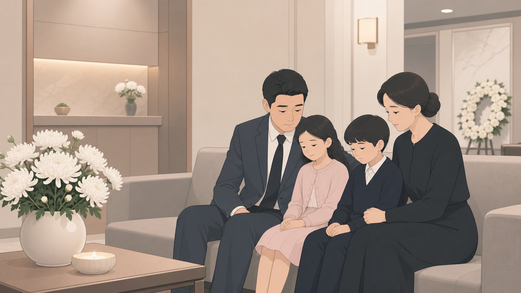 화장장 대기실에서 가족들이 조용히 기다리는 차분한 장면
