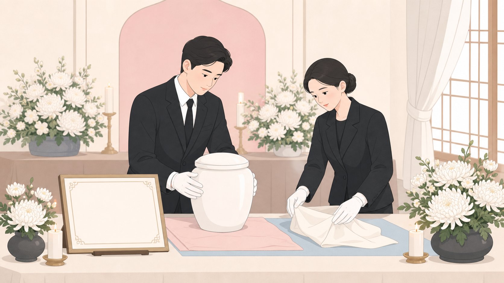 화장 증명서와 유골함을 정중히 준비하는 장면