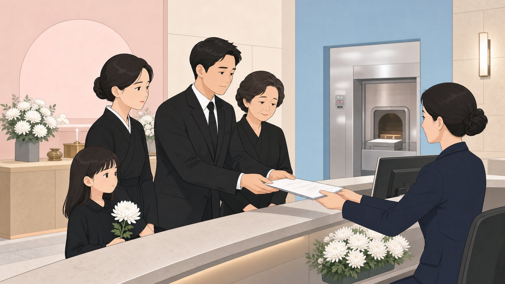 화장장 접수 창구에서 서류를 제출하는 가족의 차분한 모습