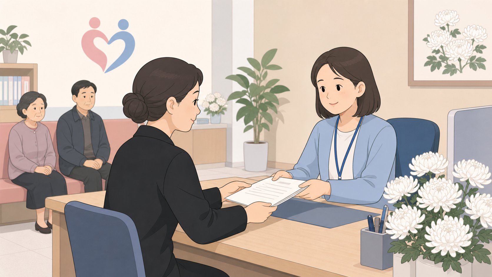 주민센터 복지 창구에서 장제급여 신청서를 작성하는 가족의 차분한 모습