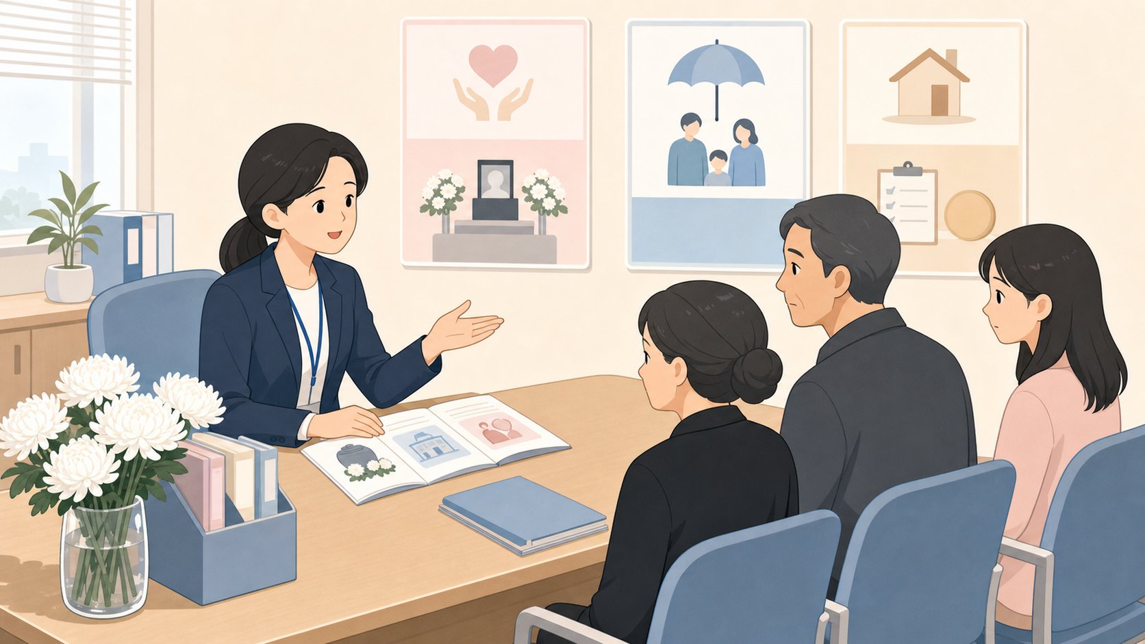 지자체 긴급복지 지원 상담 창구, 복지사가 서류를 안내하는 따뜻한 장면