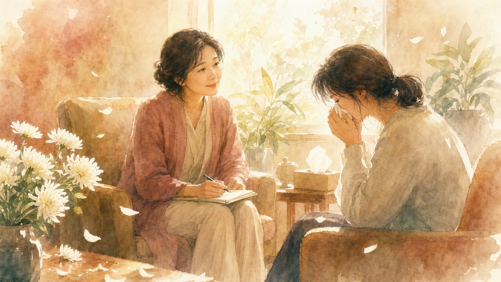 그리프 케어 전문 상담사가 내담자의 이야기를 경청하는 따뜻한 상담 장면