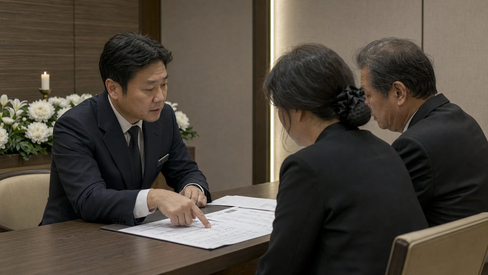 장례지도사가 테이블에 견적서를 펼쳐놓고 유가족에게 항목별로 설명하는 장면