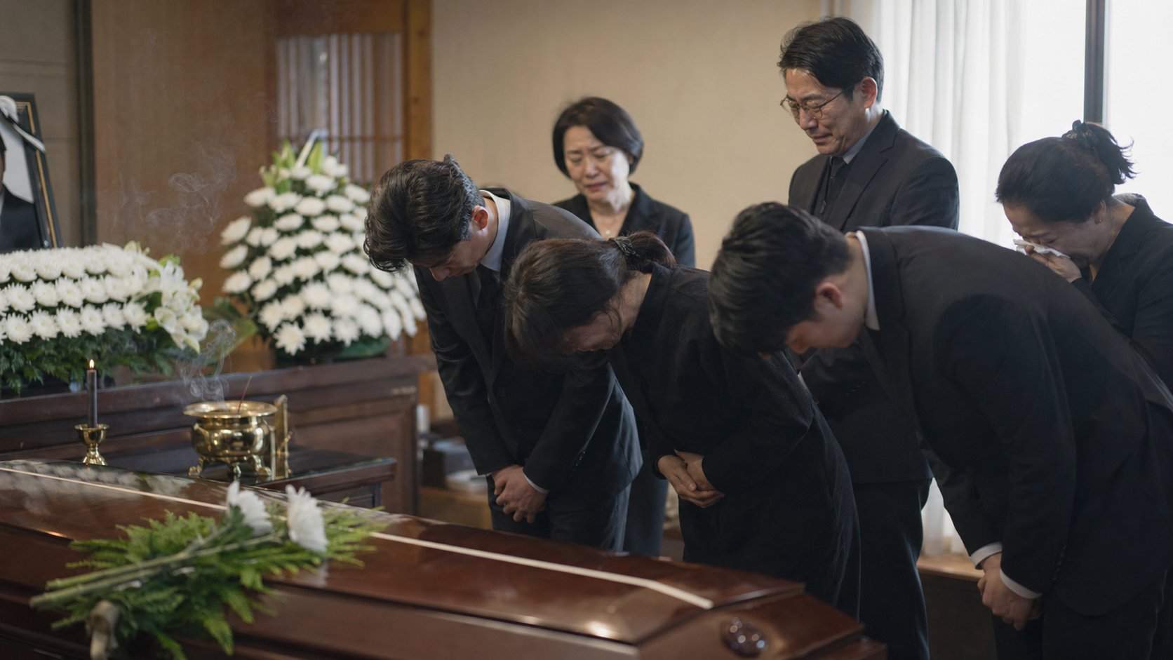 빈소에서 입관 절하는 상복 차림의 가족