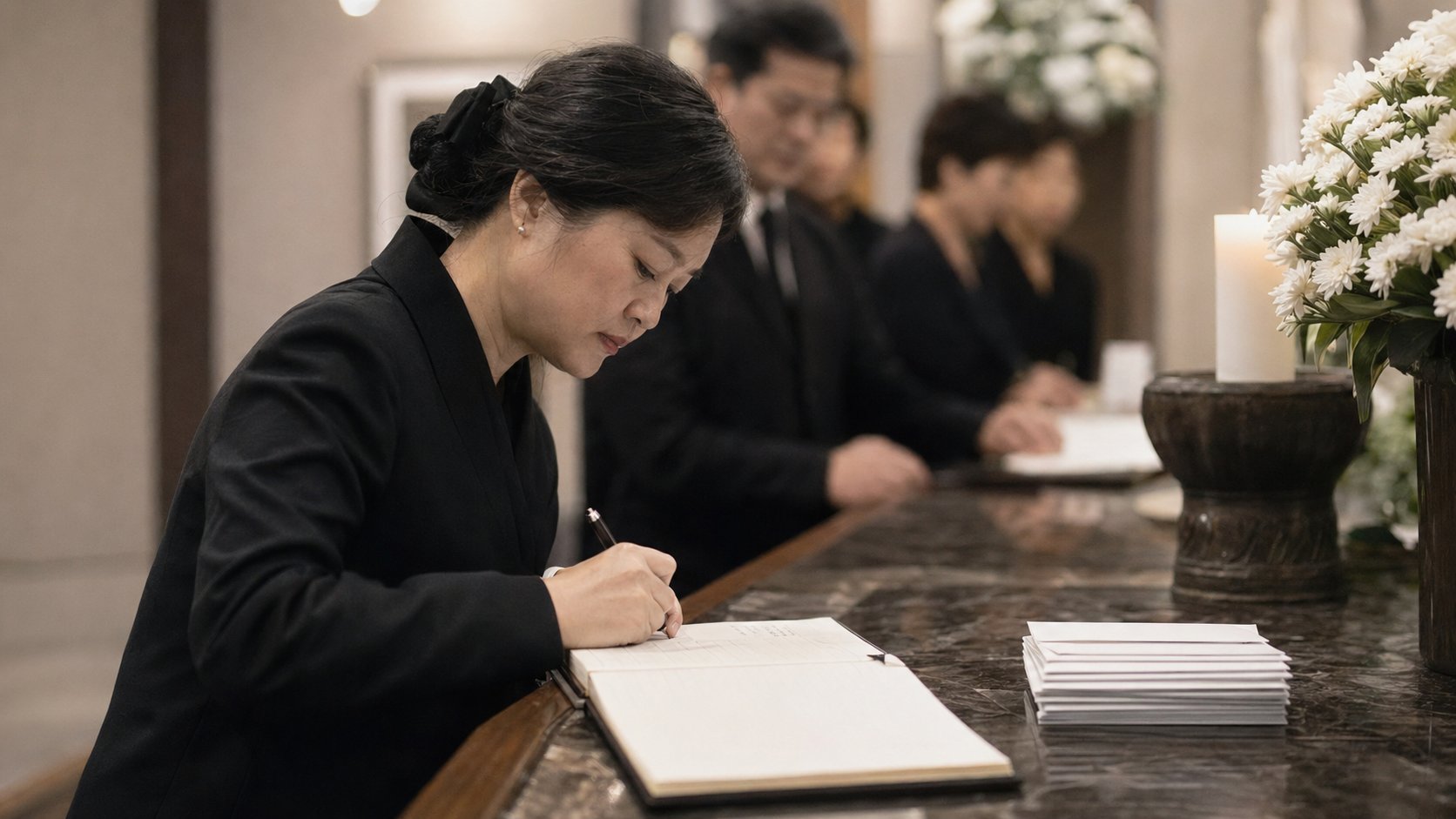 방명록에 부의금을 기록하는 상주