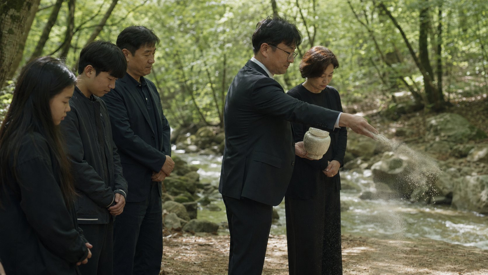숲에서 산골하는 한국 가족