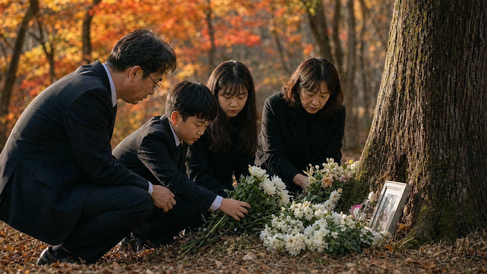 가을 수목장 나무에 꽃을 올리는 가족
