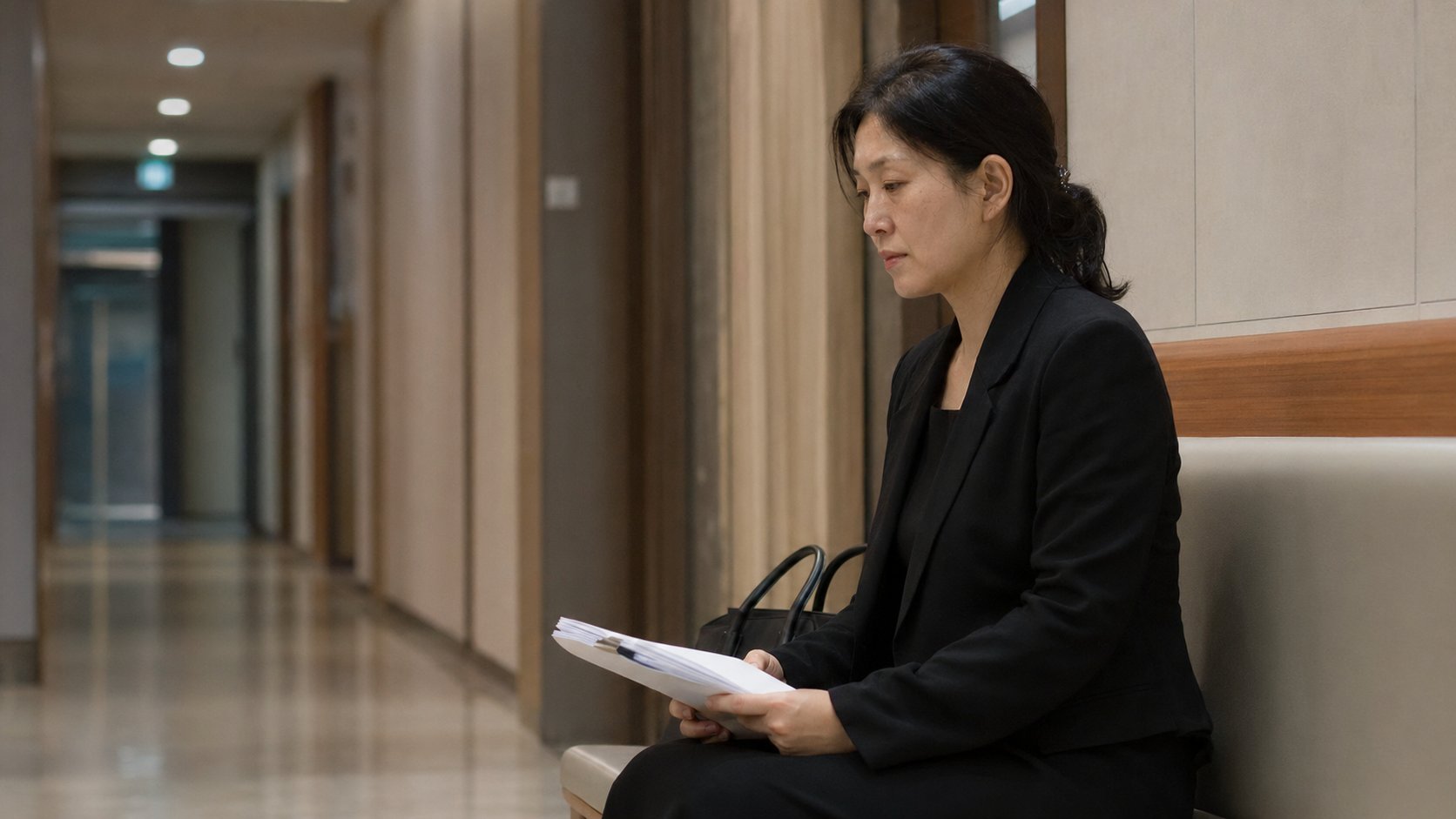 장례식장 복도에서 서류를 들고 있는 여성