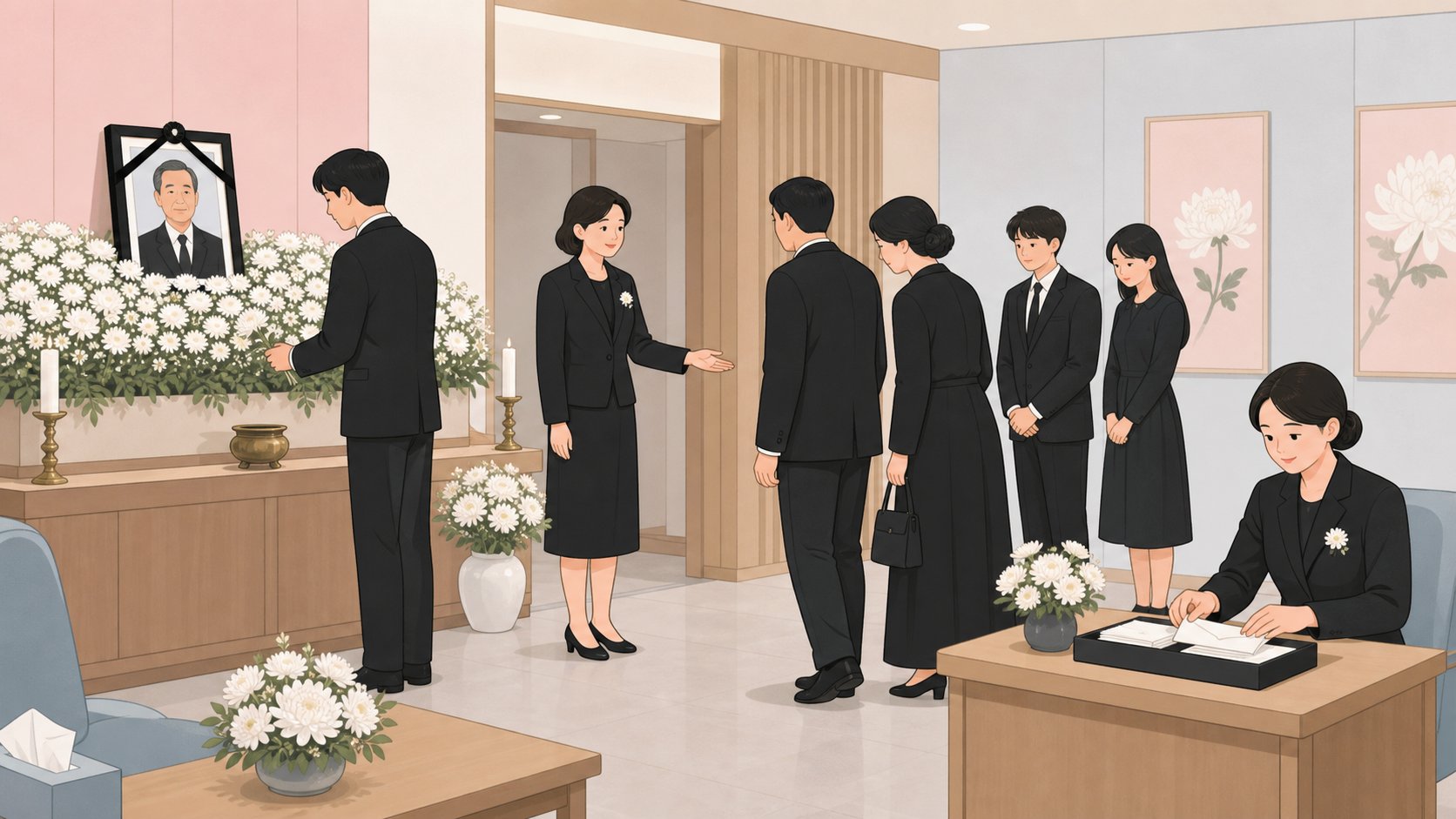 빈소에서 가족이 역할을 나눠 조문객을 안내하는 장면