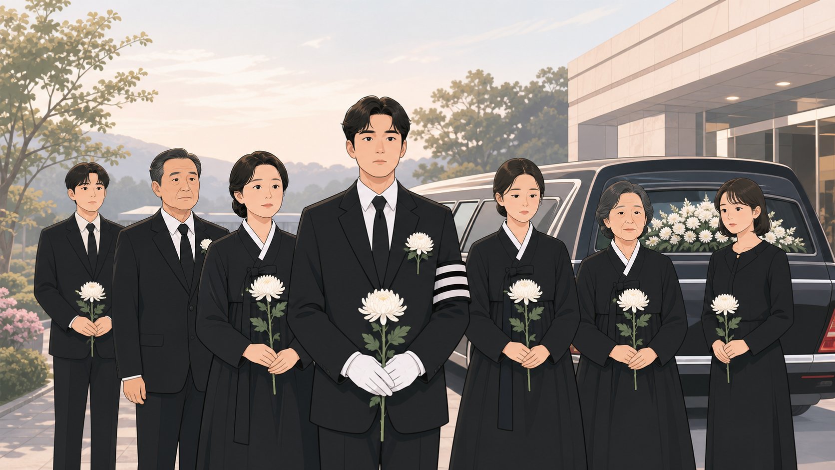 발인 날 아침 상주가 가족과 함께 영구차 앞에 서 있는 장면