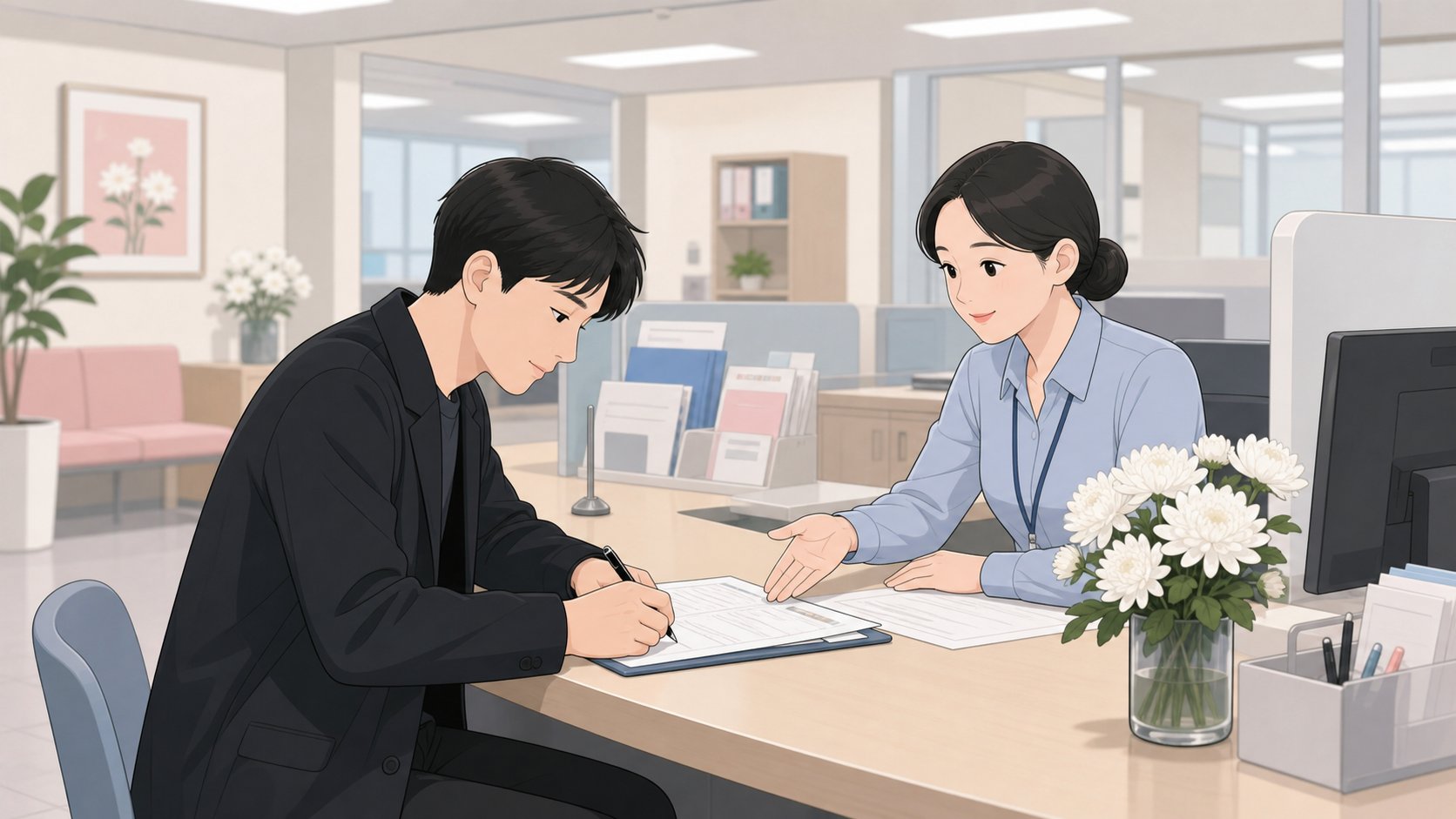주민센터에서 사망신고 서류를 작성하는 장면