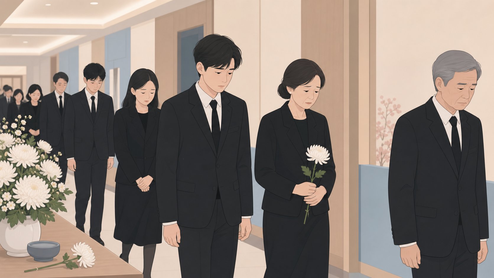 장례식장에서 검정 복장을 입고 조문하는 조문객들