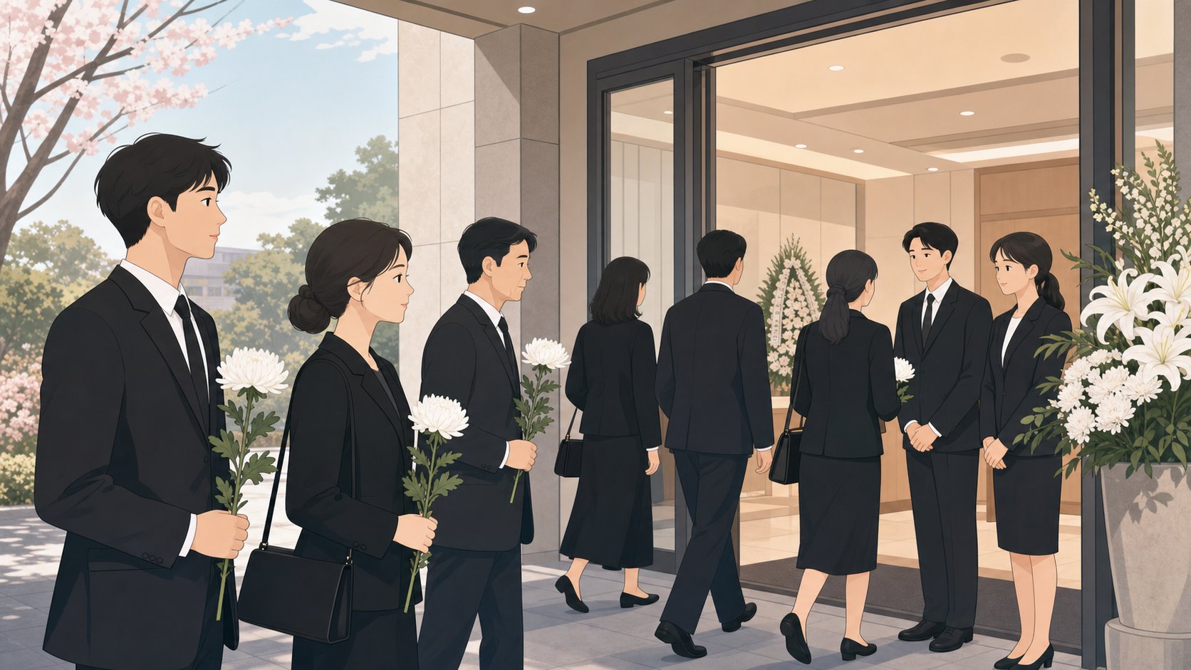장례식장 입구에서 단정한 검정 복장으로 도착한 조문객들