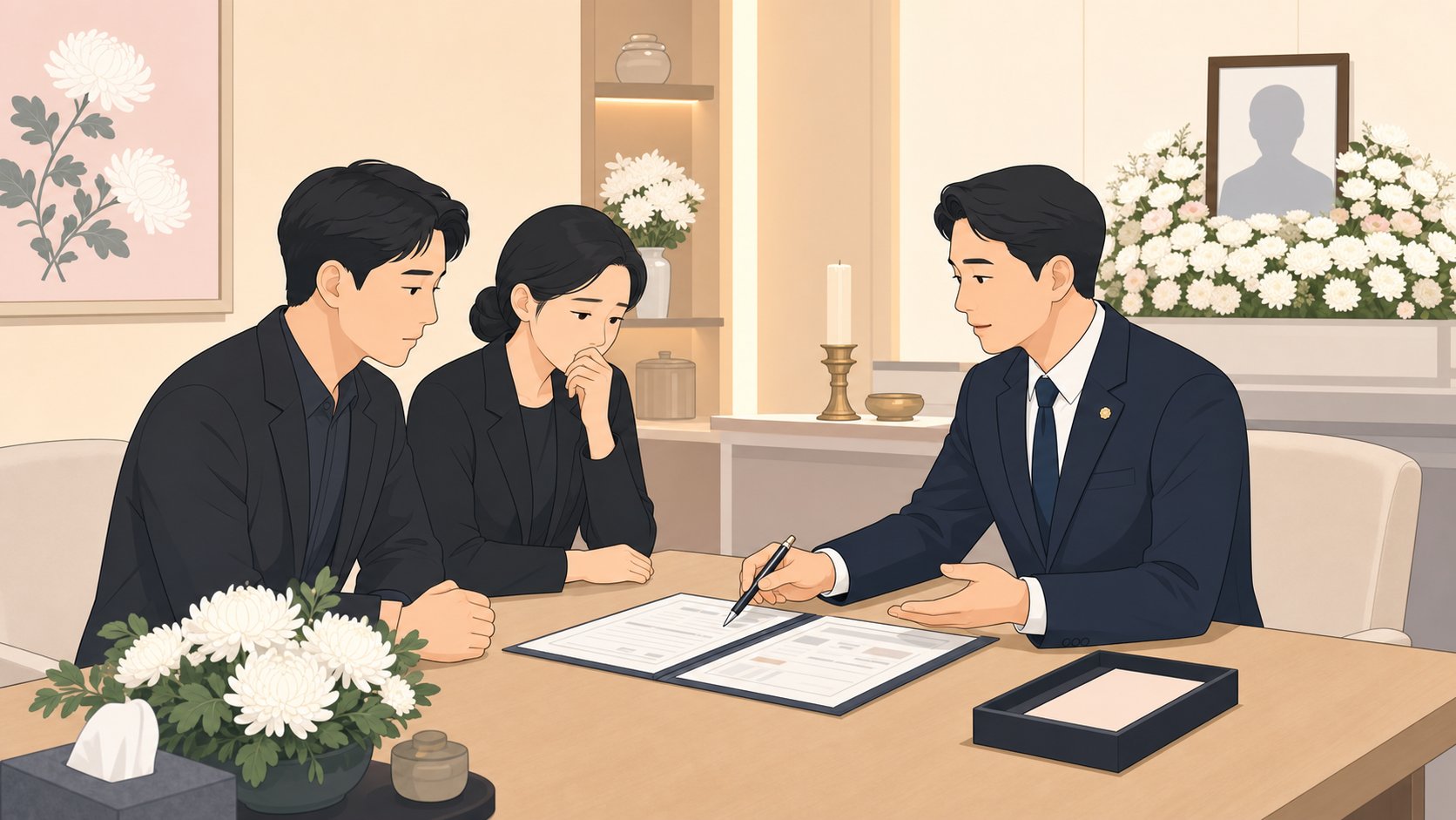 장례지도사가 유가족과 장례 서류를 함께 검토하는 상담 장면