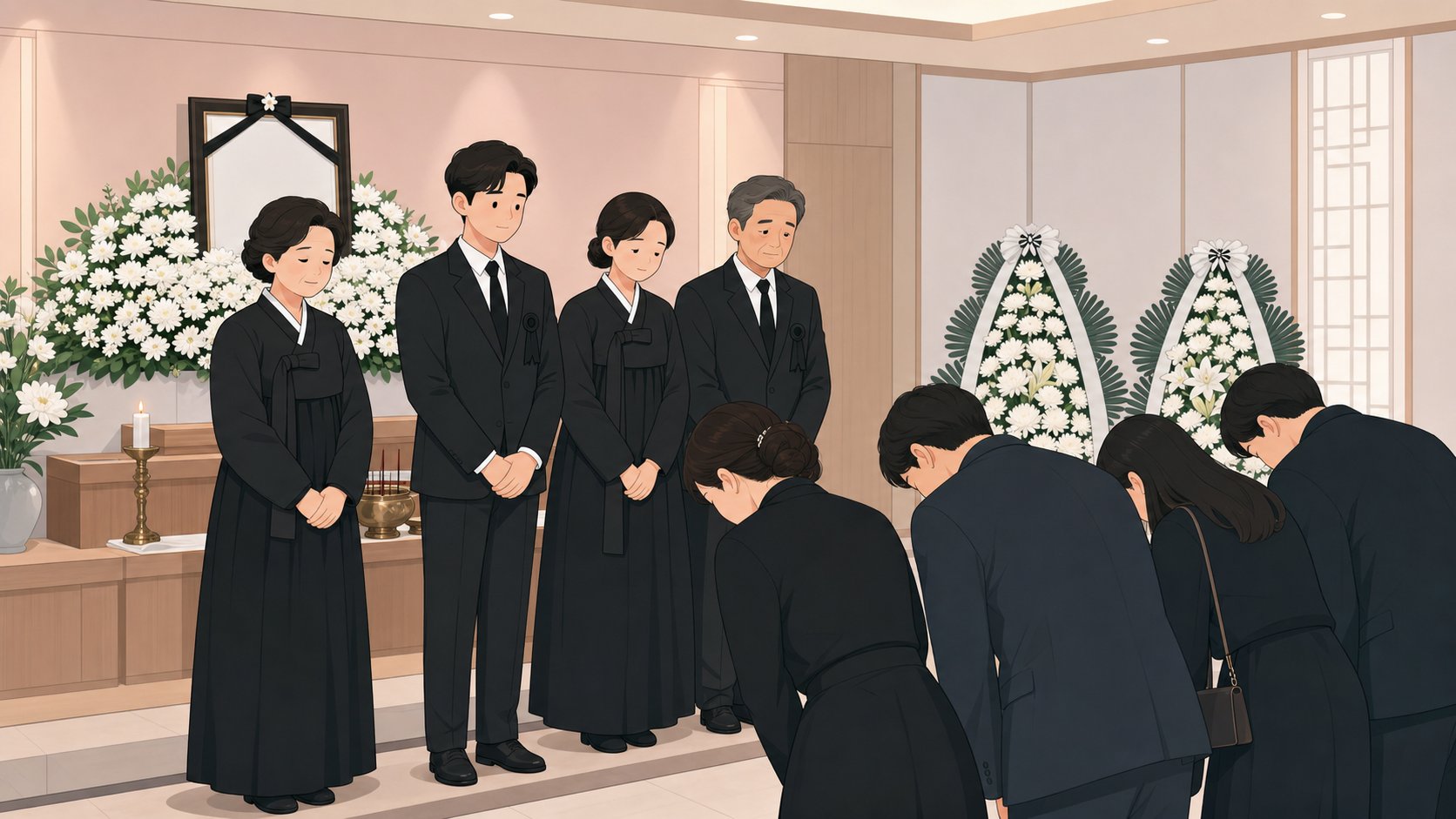 한국 빈소에서 가족이 함께 조문객을 맞이하는 장면