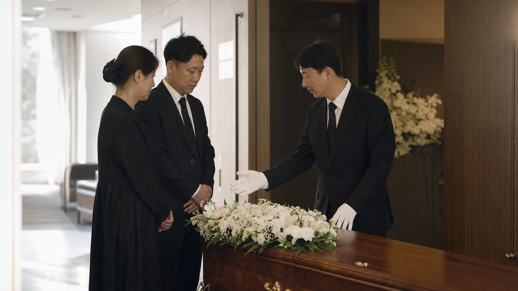 발인 직전 장례지도사가 운구 준비를 점검하는 장면