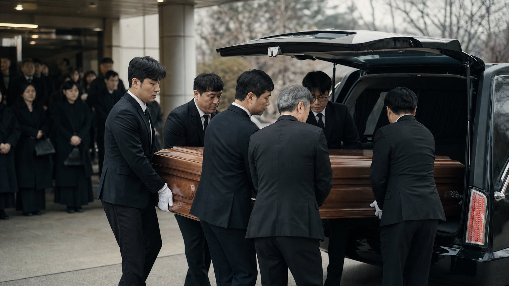 검정 상복의 운구자들이 영구를 영구차에 모시는 운구 장면