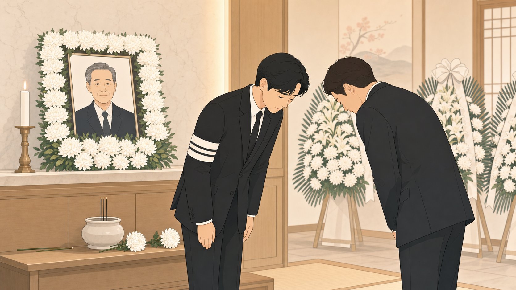 영정 옆에서 상주가 조문객의 절을 함께 받는 빈소 장면
