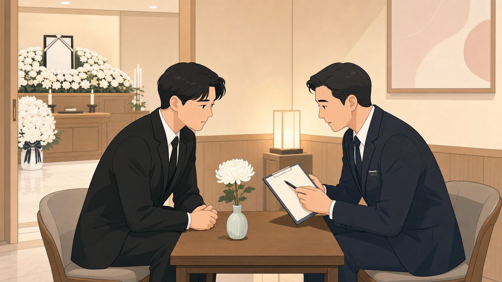 상주가 장례지도사와 발인 절차를 상의하는 장면