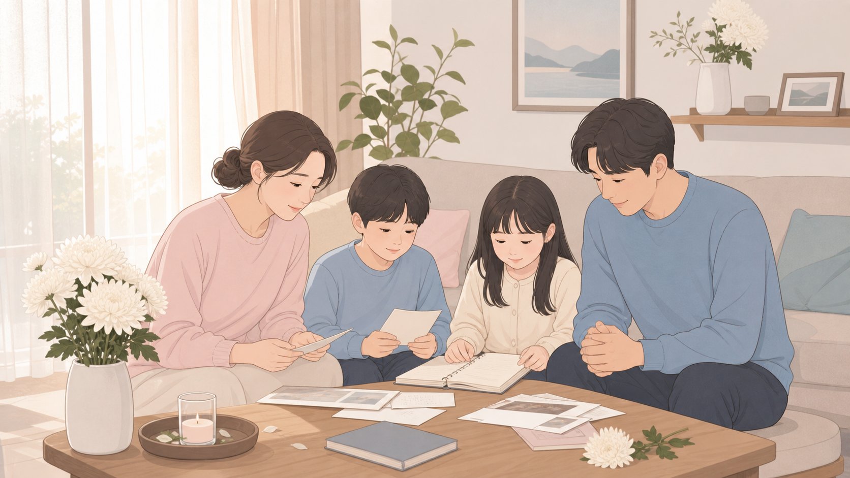 발인 후 가족이 함께 정리하며 위로를 나누는 장면