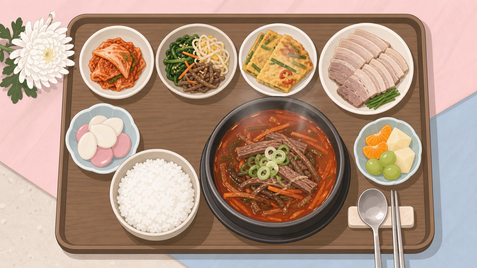육개장 밥 김치 전 수육 떡 과일이 차려진 장례식장 한 상