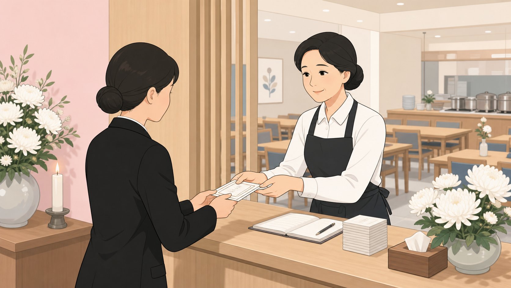 장례식장 식당 카운터에서 식권을 주고받는 장면