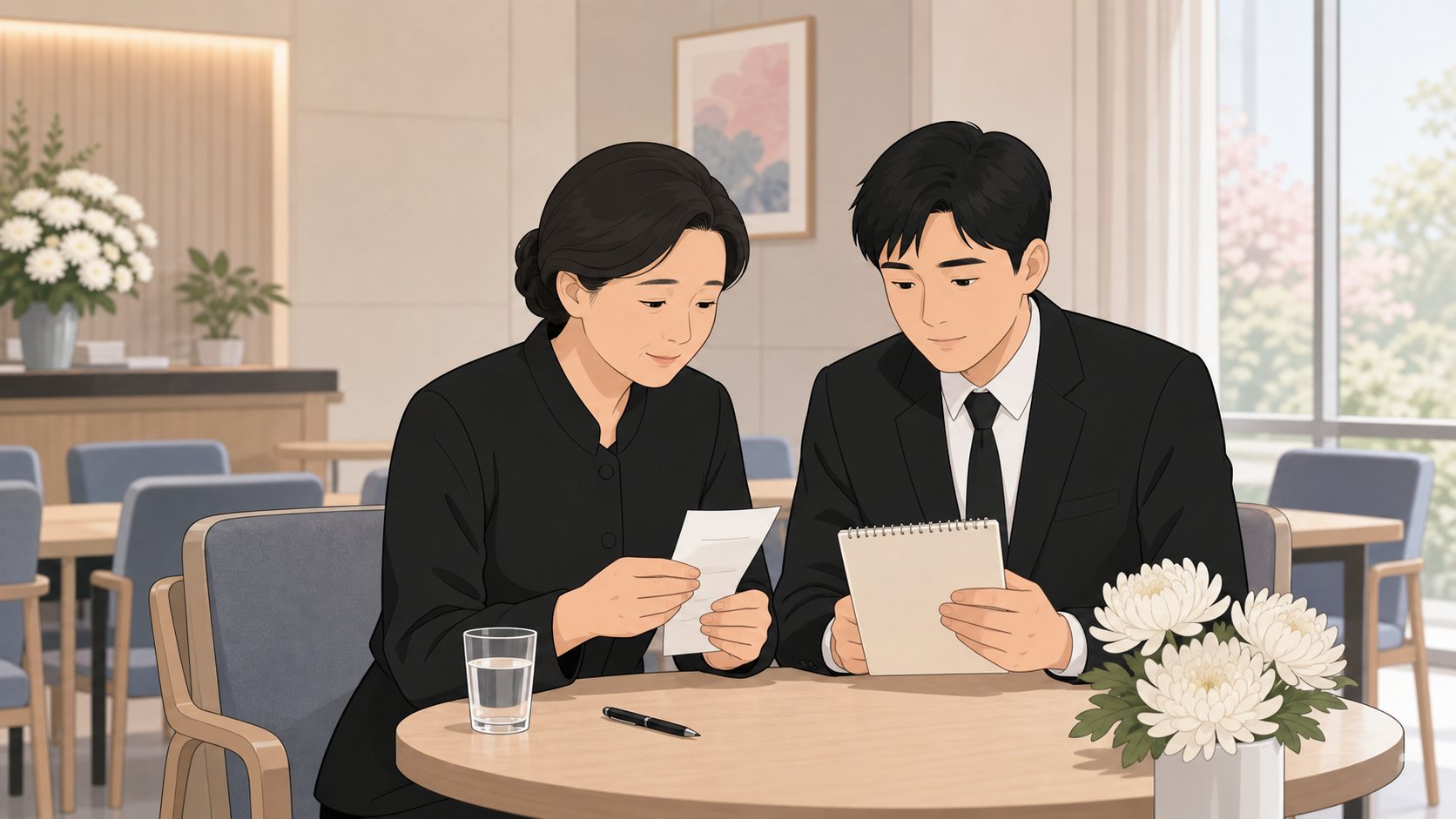 가족이 식당 한쪽에서 정산 서류와 영수증을 함께 검토하는 장면