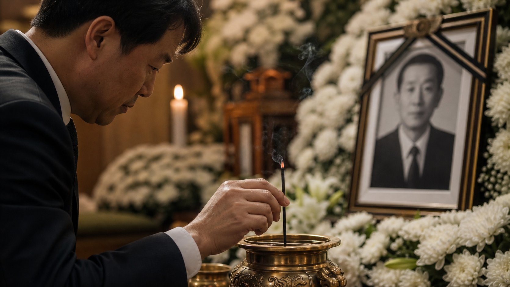 조문객이 영정 앞 향로에 향을 정중히 사르는 손 클로즈업 실사