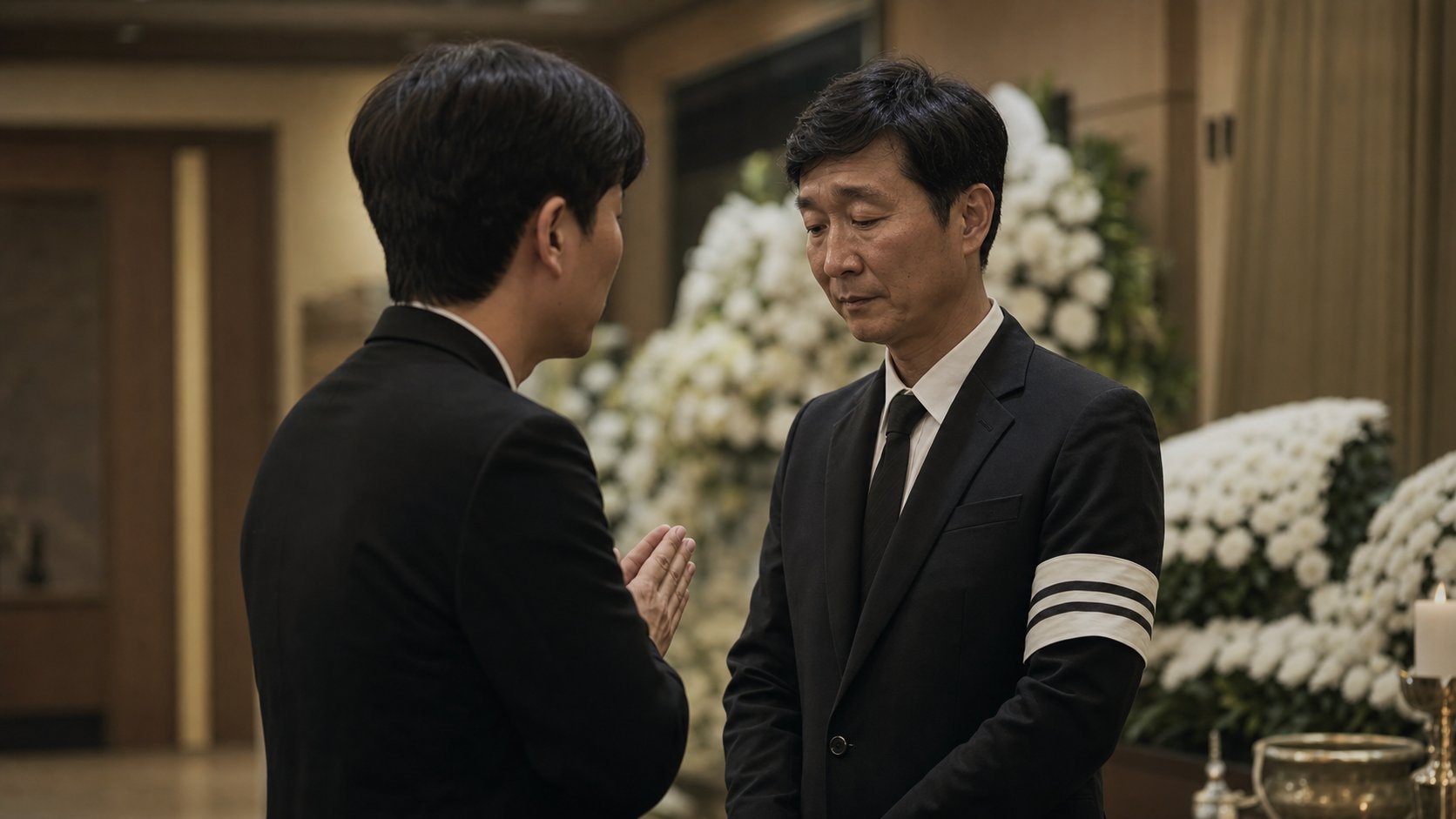 조문객이 검정 상복의 상주에게 두 손을 모으고 위로의 인사를 전하는 실사 장면