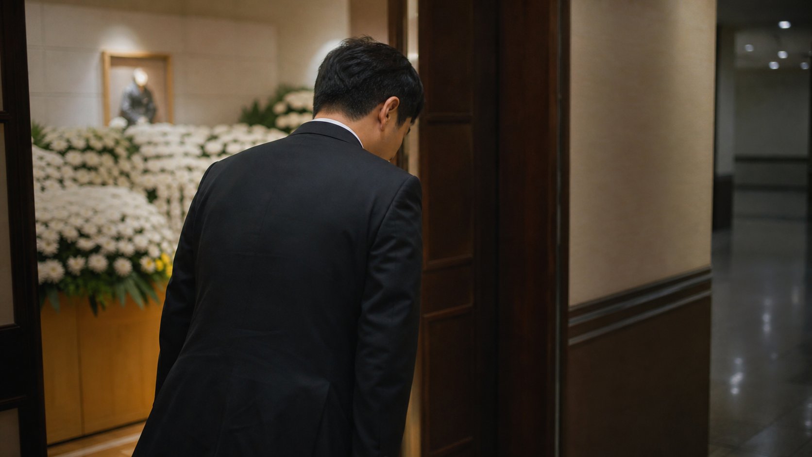 조문을 마치고 빈소를 떠나며 가볍게 목례하는 조문객의 뒷모습 실사